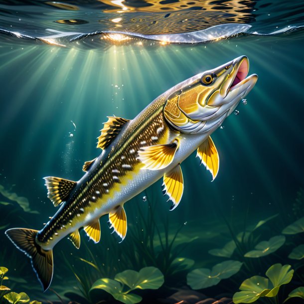 Image of a pike in a jeans in the water