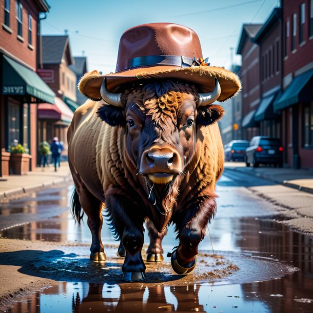 Foto de un bisonte en un sombrero en el charco