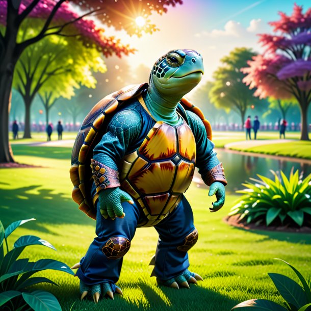 Picture of a turtle in a trousers in the park