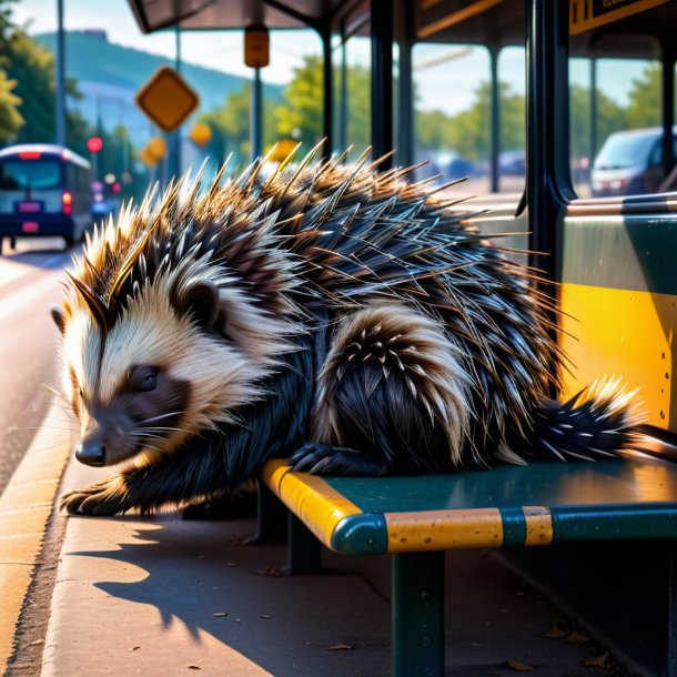 Image of a sleeping of a porcupine on the bus stop