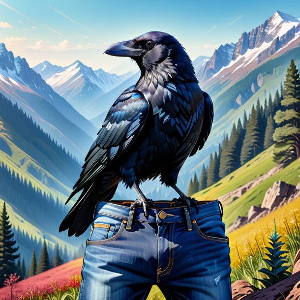 Dessin d'un corbeau dans un jean dans les montagnes