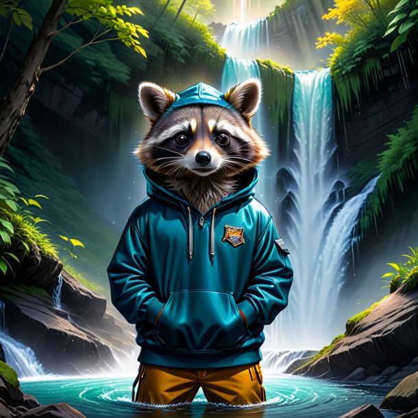 Drawing of a raccoon in a hoodie in the waterfall