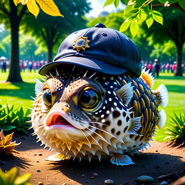 Image of a pufferfish in a cap in the park