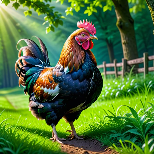 Picture of a hen in a green belt