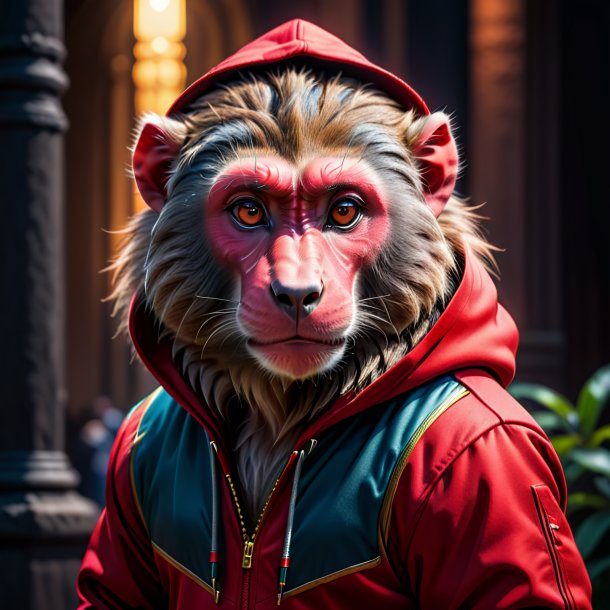 Picture of a baboon in a red hoodie