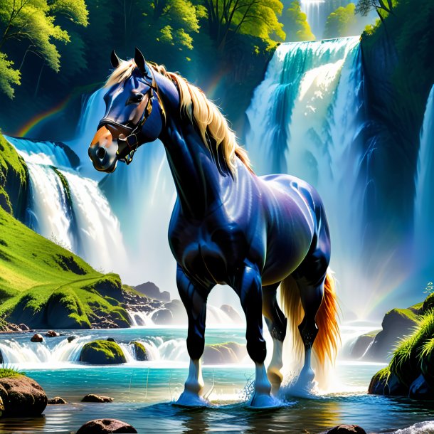 Image of a horse in a trousers in the waterfall