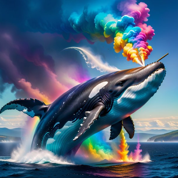 Foto de un fumar de una ballena en el arco iris