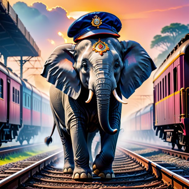 Foto de un elefante en una gorra en las vías del tren