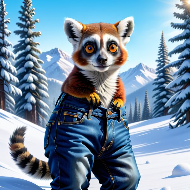 Illustration of a lemur in a jeans in the snow