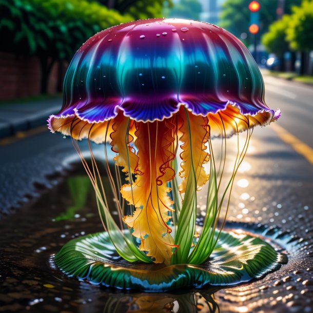 Pic d'une méduse dans une casquette dans la flaque