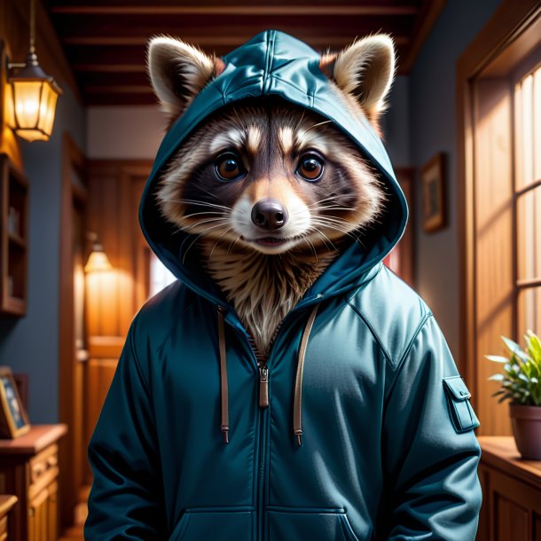 Photo of a raccoon in a hoodie in the house