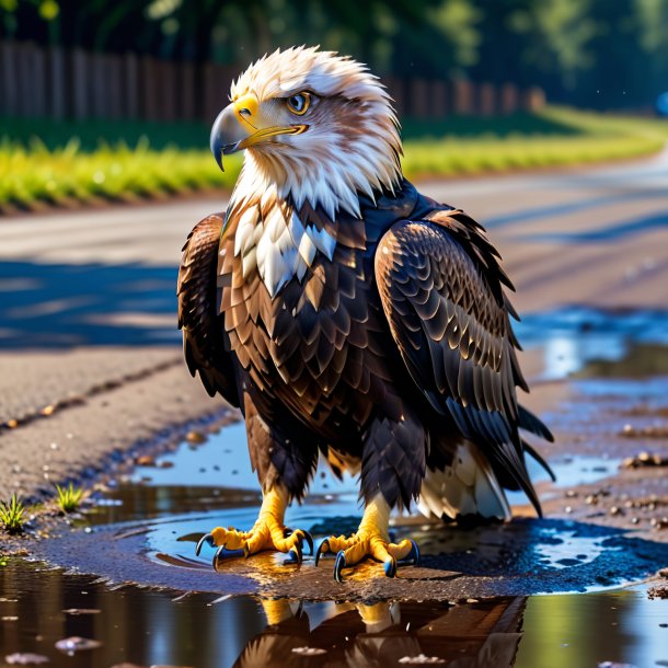 Pic of a eagle in a vest in the puddle