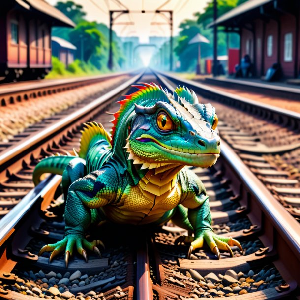 Photo d'un basilisk dans une chaussure sur les voies ferrées