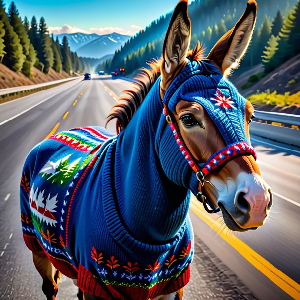 Picture of a mule in a sweater on the highway