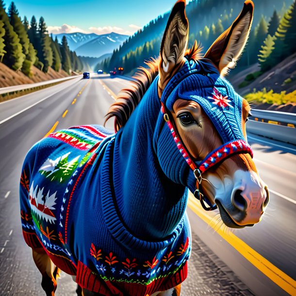 Photo d'une mule dans un pull sur l'autoroute