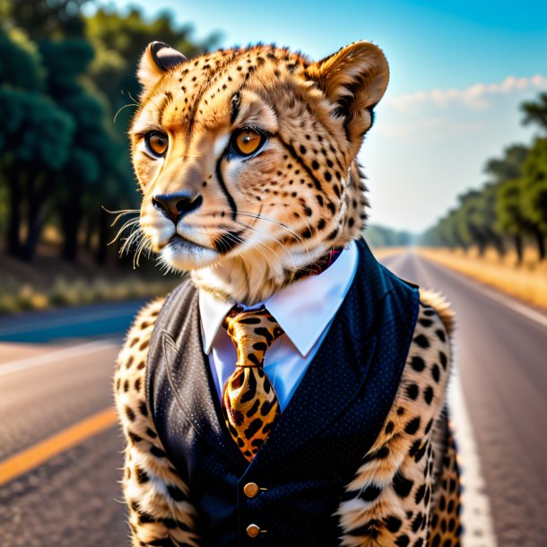 Picture of a cheetah in a vest on the road