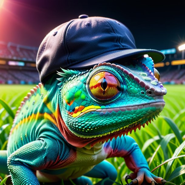 Pic of a chameleon in a cap on the field