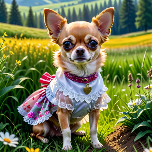 Pic of a chihuahua in a skirt in the meadow