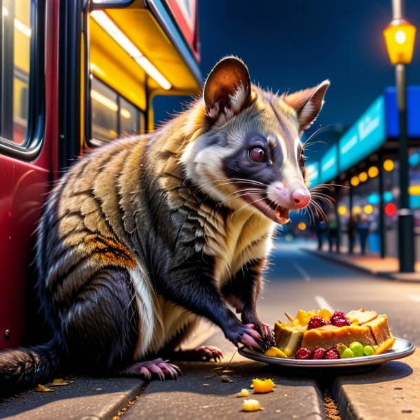 Imagen de un comer de una zarigüeya en la parada de autobús