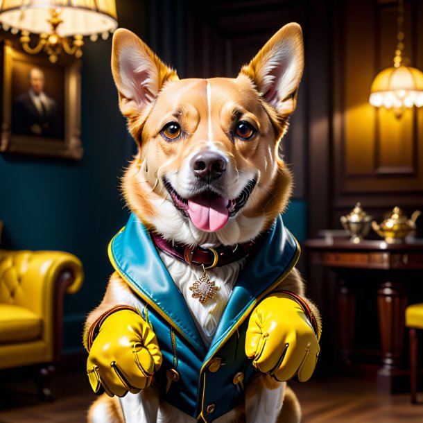 Photo of a dog in a yellow gloves