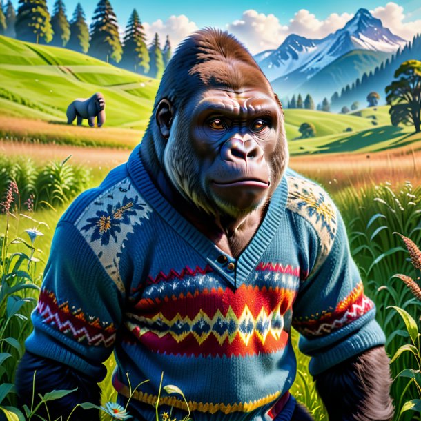 Picture of a gorilla in a sweater in the meadow