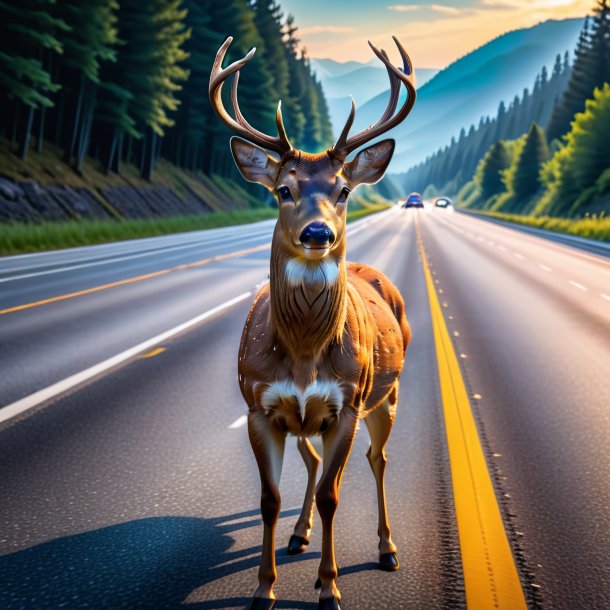 Pic of a deer in a belt on the highway