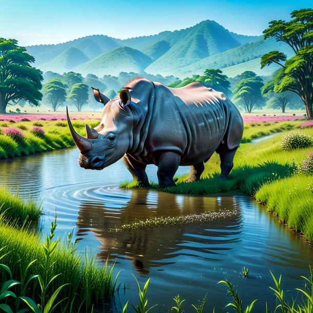 Pic of a swimming of a rhinoceros in the meadow