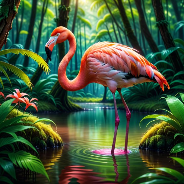 Photo of a drinking of a flamingo in the forest