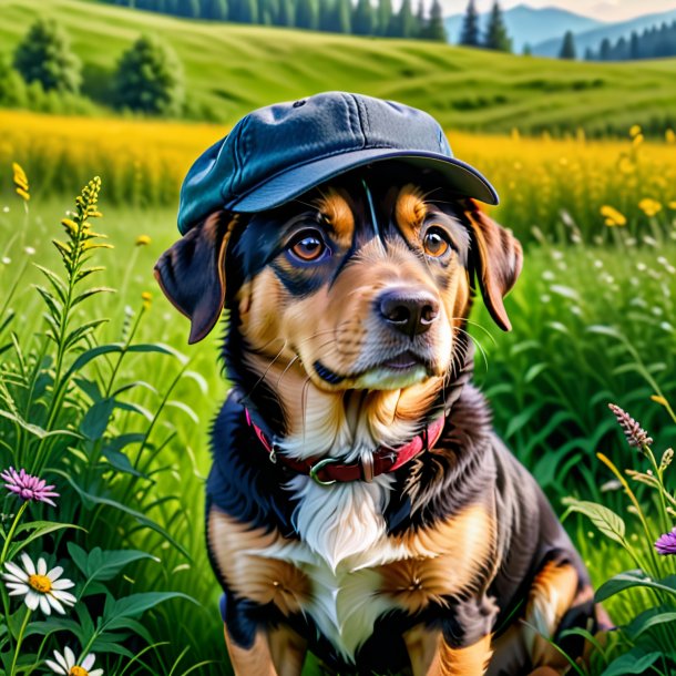 Foto de um cão em um boné no prado