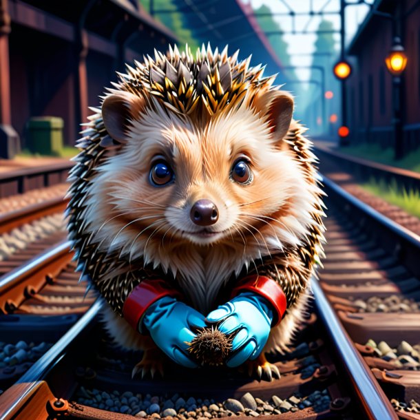 Drawing of a hedgehog in a gloves on the railway tracks