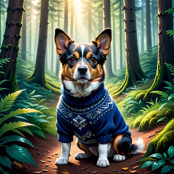 Illustration of a dog in a sweater in the forest