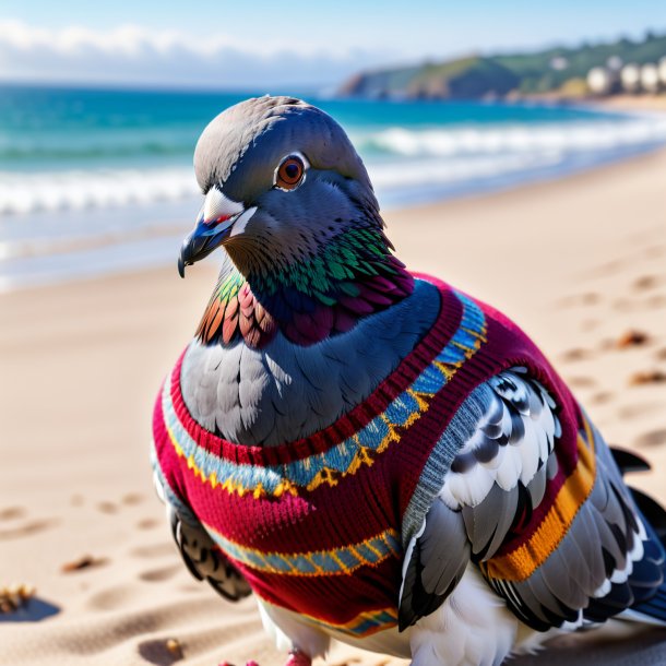 Imagem de um pombo em um suéter na praia