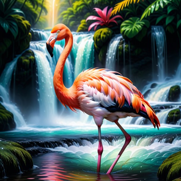 Photo of a flamingo in a sweater in the waterfall