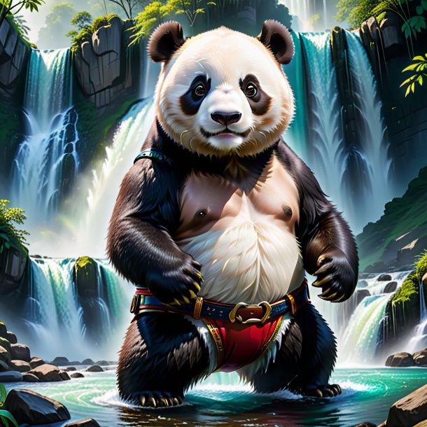 Drawing of a giant panda in a belt in the waterfall