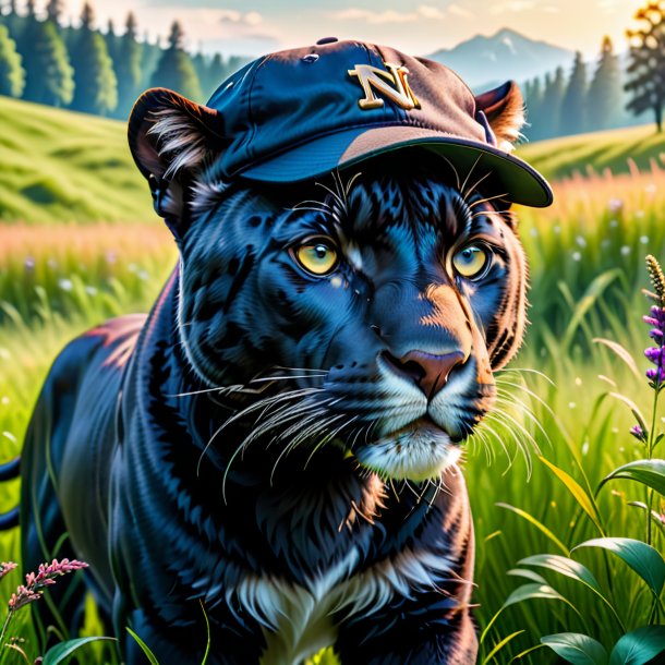 Pic of a panther in a cap in the meadow