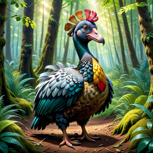 Illustration of a dodo in a dress in the forest