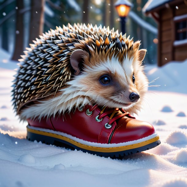 Picture of a hedgehog in a shoes in the snow