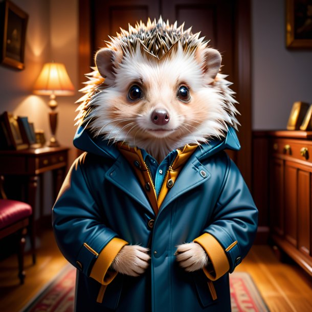 Illustration of a hedgehog in a coat in the house