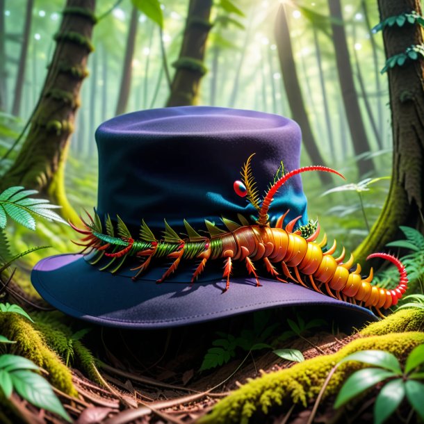 Photo of a centipede in a hat in the forest