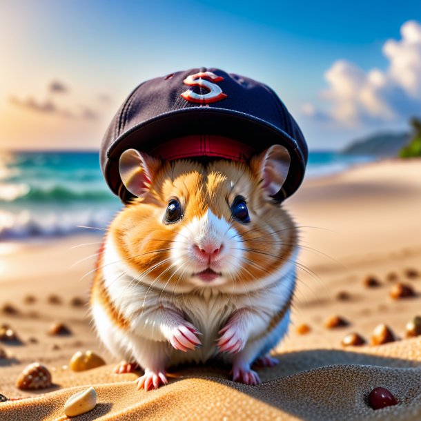 Photo of a hamster in a cap on the beach