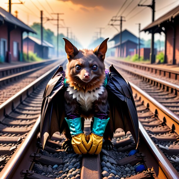 Foto de un murciélago en guantes en las vías del ferrocarril