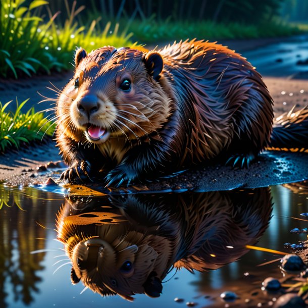 Pic of a smoking of a beaver in the puddle