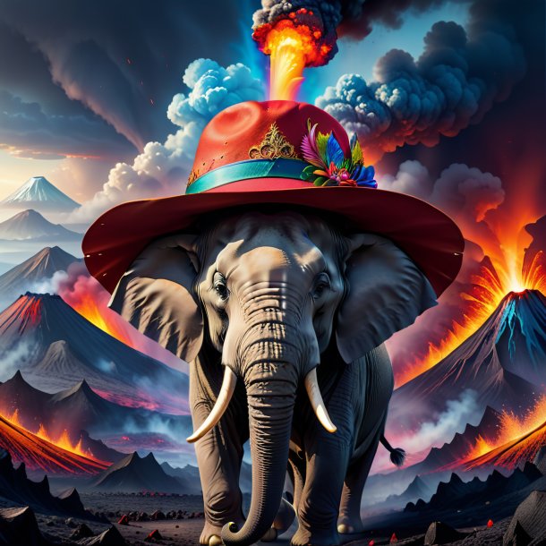 Illustration of a elephant in a hat in the volcano