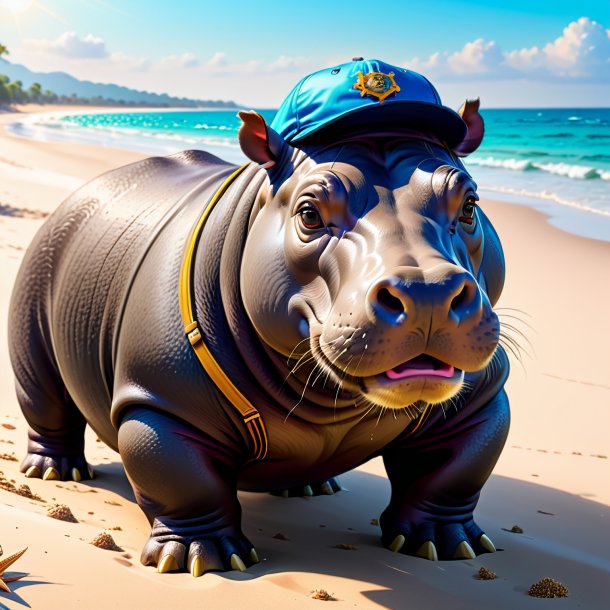 Drawing of a hippopotamus in a cap on the beach