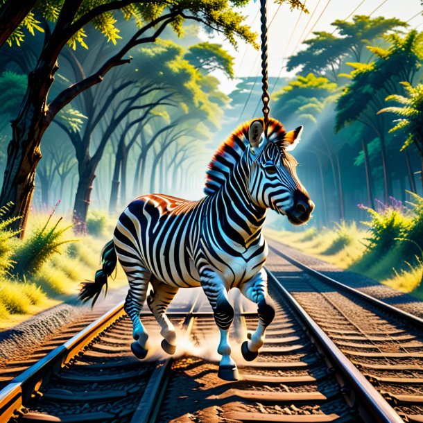 Photo of a swinging on a swing of a zebra on the railway tracks