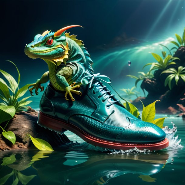 Photo of a basilisk in a shoes in the water