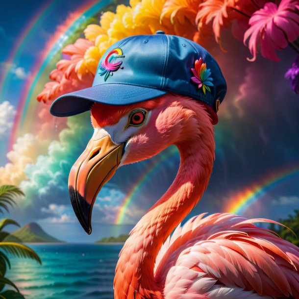 Photo of a flamingo in a cap on the rainbow