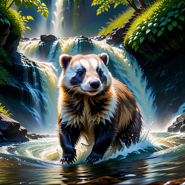 Picture of a swimming of a badger in the waterfall