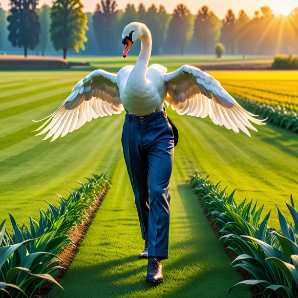 Picture of a swan in a trousers on the field