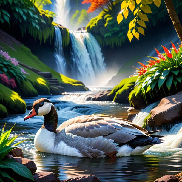 Picture of a sleeping of a goose in the waterfall